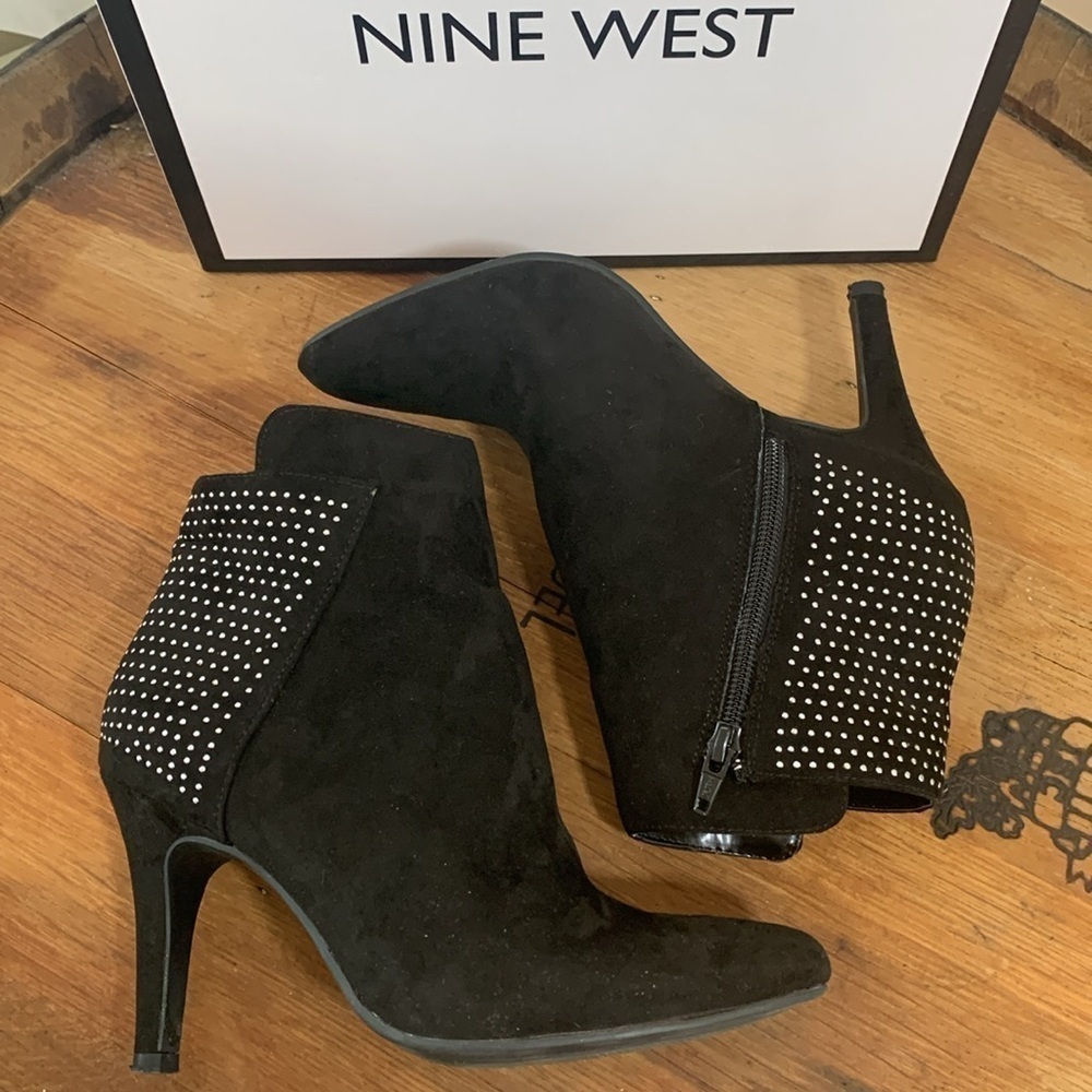 Nine West | Eye Candy Black Studded Zipper Ankle Boots Booties + Box 7 M